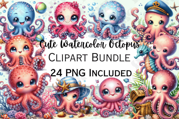 Download Cute Watercolor Octopus Clipart - Premium Bundle
